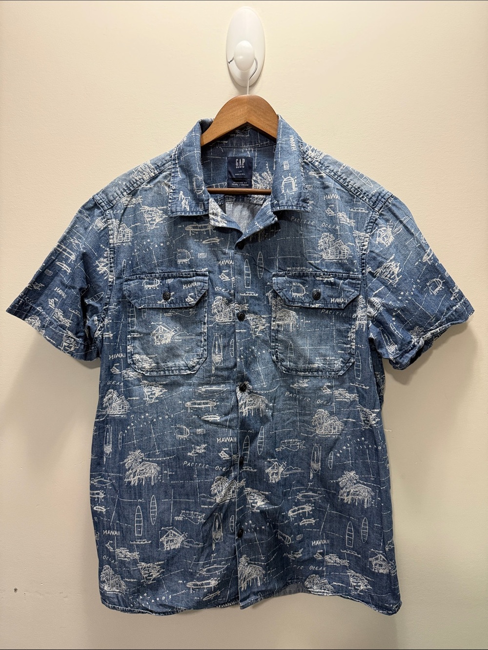 GAP Men's Indigo Blue Short-Sleeve Printed Button-Down Shirt Size L/G